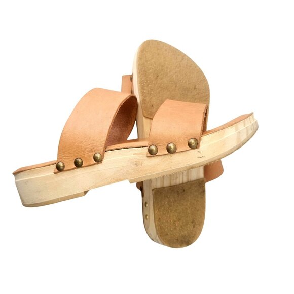 Beek Wood Clog Leather Sandals Womens Size 7 Natural Tan Double Strap Slip On - Picture 9 of 15